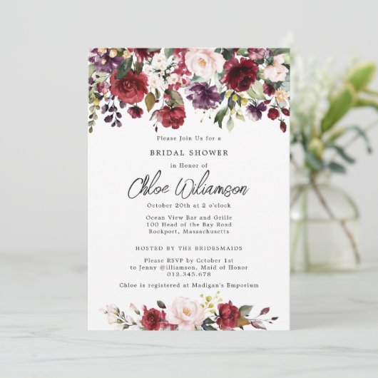 Rustikales Burgunder Rotes Brautparty Einladung (Stehend Vorderseite)