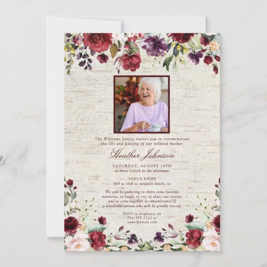 Rustikales Burgunder Wasserfarbe Blumengeweih Gede Einladung (Vorderseite)