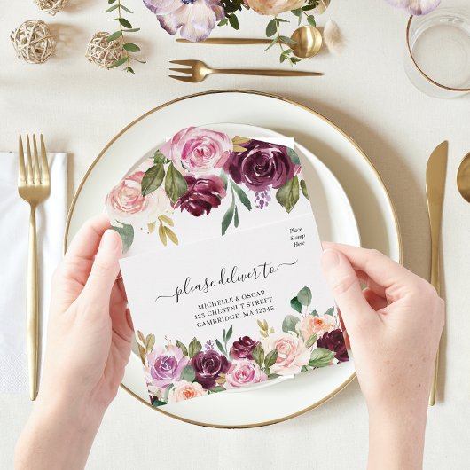 Rustikales Burgunder Wasserfarben Blume & Goldfall All In One Einladung