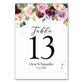 Rustikales Burgunder Wasserfarben Blume & Goldfall Tischnummer (Rückseite)