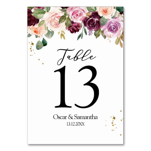 Rustikales Burgunder Wasserfarben Blume & Goldfall Tischnummer (Rückseite)