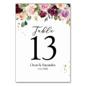 Rustikales Burgunder Wasserfarben Blume & Goldfall Tischnummer (Vorderseite)