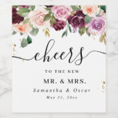 Rustikales Burgunder Wasserfarben Blume & Goldfall Weinetikett (Einzelnes Label)