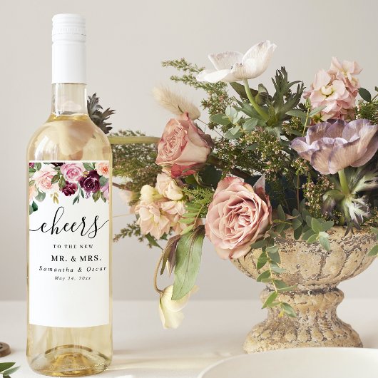 Rustikales Burgunder Wasserfarben Blume & Goldfall Weinetikett