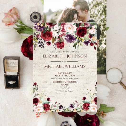 Rustikales Burgunder Wasserfarben Foto Einladung