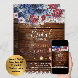 Rustikales Burgundy Blue Floral Brautparty Digital Einladung