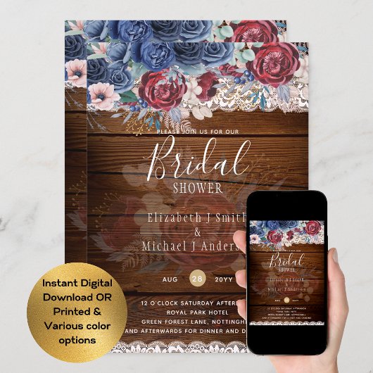 Rustikales Burgundy Blue Floral Brautparty Digital Einladung