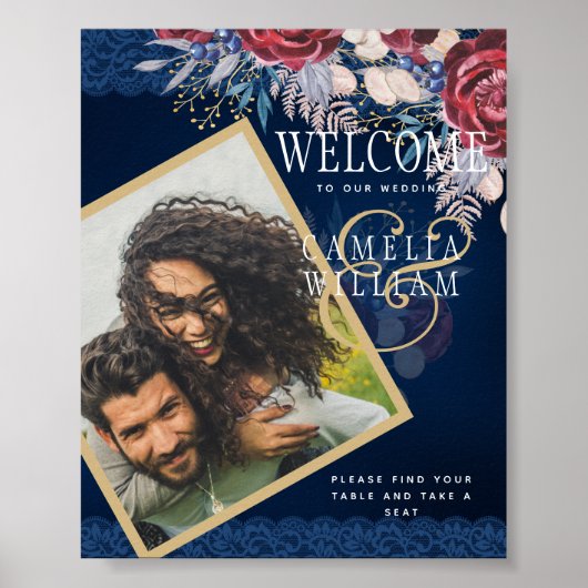 Rustikales Burgundy Blue Floral Lace FOTO Willkomm Poster (Vorne)