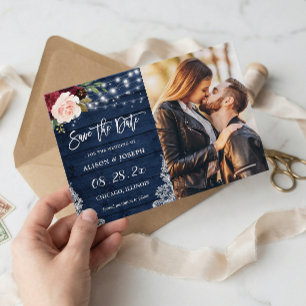 Rustikales Burgundy Blue String Lights Wedding Fot Save The Date