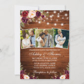 Rustikales Burgundy Blumen 3 Foto Wood Lights Hoch Einladung (Vorderseite)