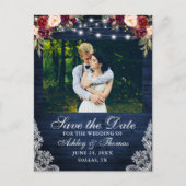 Rustikales Burgundy Blumenblauer Foto Ankündigungspostkarte (Vorderseite)