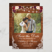 Rustikales Burgundy-Blumenholz Lights Lace Foto Save The Date (Vorne/Hinten)