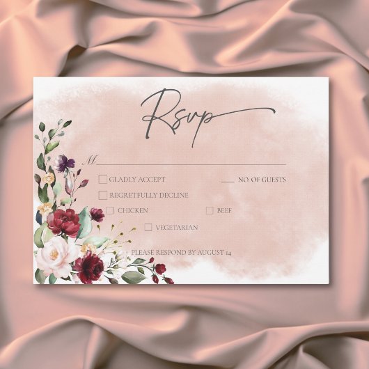 Rustikales Burgundy & Blush Pink Roses Hochzeitses RSVP Karte