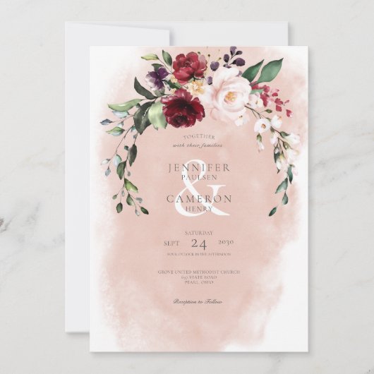 Rustikales Burgundy & Blush Pink Roses Wedding Einladung (Vorderseite)