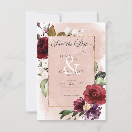 Rustikales Burgundy & Blush Pink Roses Wedding Save The Date (Vorderseite)