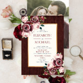 Rustikales Burgundy Blush Wood Gold Foto Hochzeit Einladung