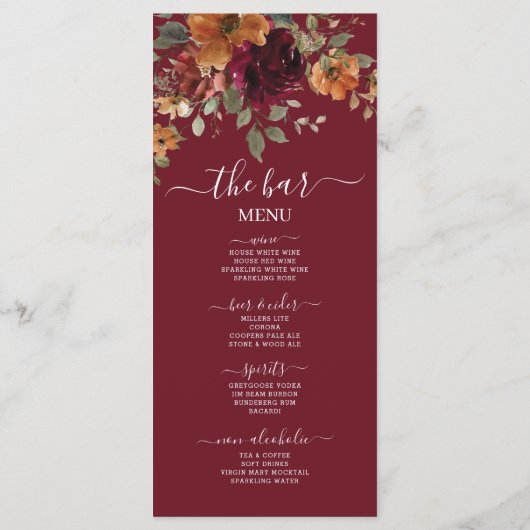 Rustikales burgundy Burnt Orange Blumenmenü Programm (Rückseite)