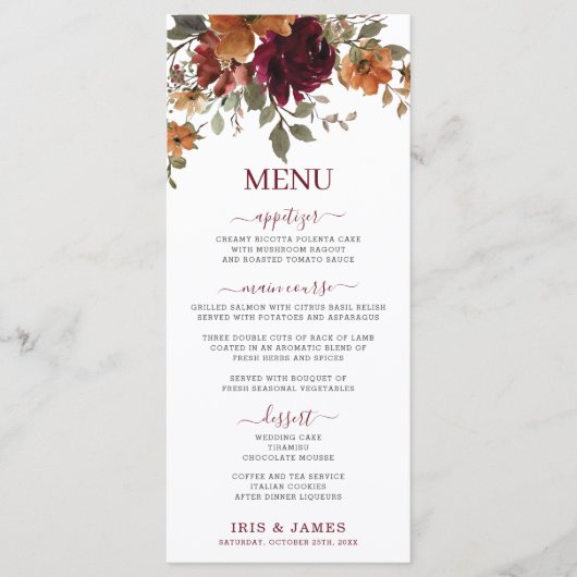 Rustikales burgundy Burnt Orange Blumenmenü Programm (Vorderseite)