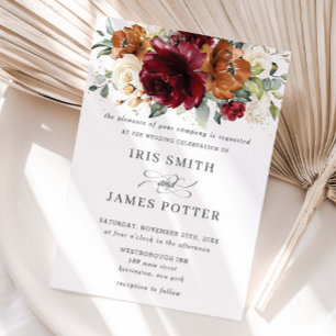 Rustikales Burgundy Burnt Orange Ivory Floral Wedd Einladung