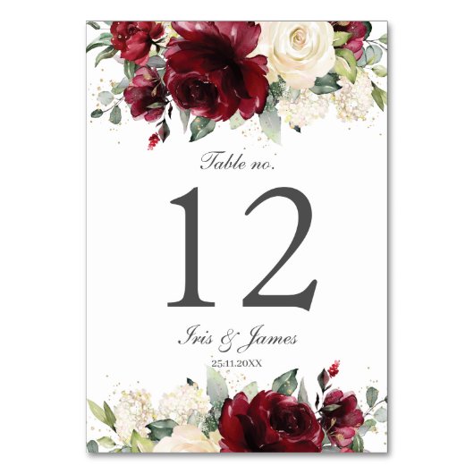 Rustikales burgundy Elfenbein Hochzeitsfest-Brautp Tischnummer (Rückseite)