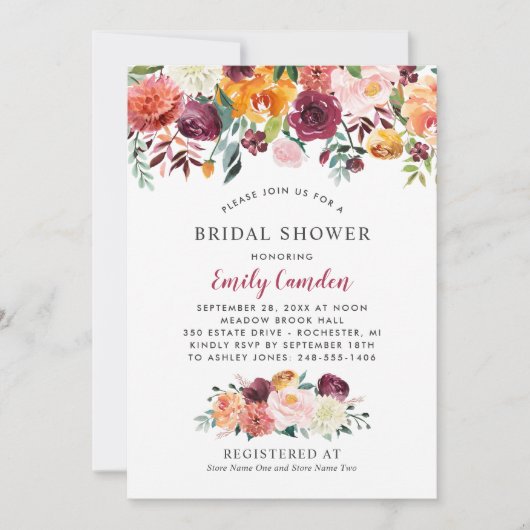 Rustikales Burgundy Fall Floral Wedding Brautparty Einladung (Vorderseite)