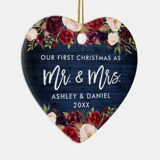 Rustikales Burgundy Floral First Christmas Blue Keramik Ornament (Rechts)