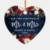 Rustikales Burgundy Floral First Christmas Blue Keramik Ornament (Vorne)