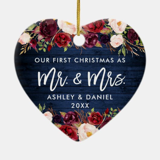 Rustikales Burgundy Floral First Christmas Blue Keramik Ornament (Hinten)