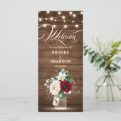 Rustikales Burgundy Floral Lights Mason Jar Weddin Programm (Stehend Vorderseite)