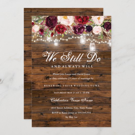 Rustikales Burgundy Floral Lights Wedding Vow Erne Einladung (Vorne/Hinten)