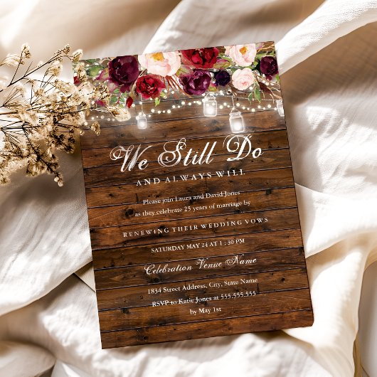 Rustikales Burgundy Floral Lights Wedding Vow Erne Einladung