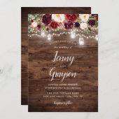 Rustikales Burgundy Floral Mason Jar Lights Hochze Einladung (Vorne/Hinten)