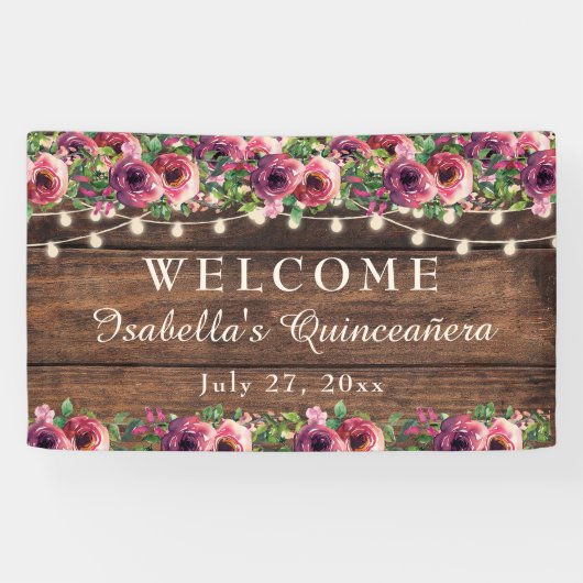 Rustikales Burgundy Floral Quinceañera Willkommen Banner (Horizontal)