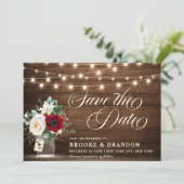 Rustikales Burgundy Floral String Lights Mason Jar Save The Date (Stehend Vorderseite)