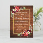 Rustikales Burgundy Floral Wood Boho Wedding Einla Einladung (Stehend Vorderseite)