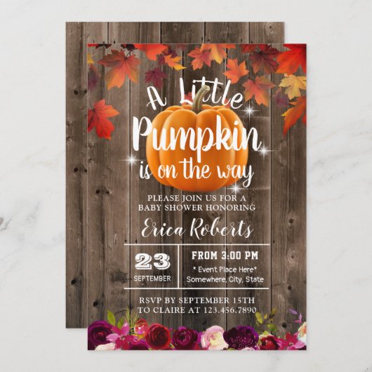 Rustikales Burgundy Herbst Kleine Pumpkin Babydusc Einladung (Vorne/Hinten)