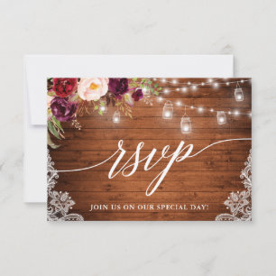 Rustikales Burgundy Jar Lights Calligrafy Wedding RSVP Karte
