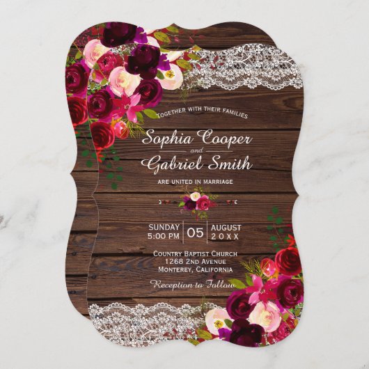 Rustikales Burgundy Lace Floral | Barn Country Wed Einladung (Vorne/Hinten)