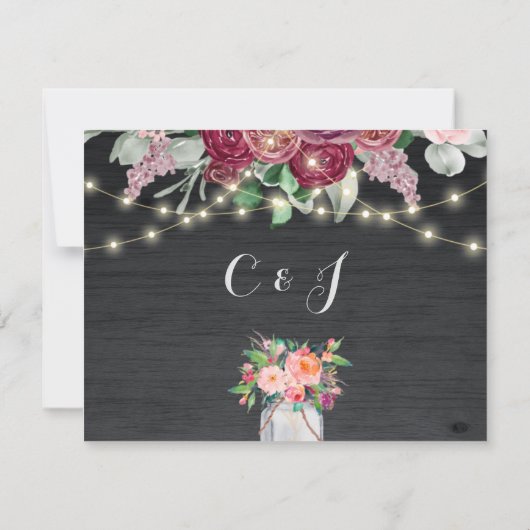 Rustikales Burgundy Mason Jar String Lights Hochze Dankeskarte (Rückseite)