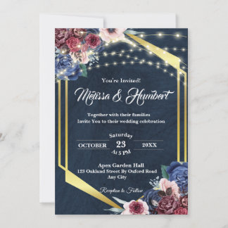 Rustikales Burgundy Navy Blue Gold Geometric Weddi Einladung