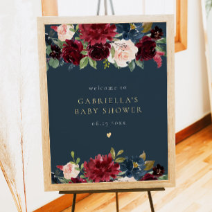 Rustikales Burgundy & Navy Blumenbaby-Dusche Willk Poster