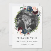 Rustikales burgundy Navy Blush Floral Wedding Foto Dankeskarte (Vorderseite)