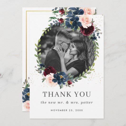 Rustikales burgundy Navy Blush Floral Wedding Foto Dankeskarte (Vorne/Hinten)