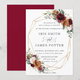 Rustikales Burgundy Orange Floral Wedding Geometri Einladung