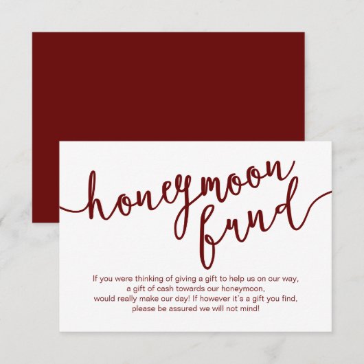 Rustikales Burgundy Script, Wedding Honeymoon Fund Begleitkarte (Vorne/Hinten)
