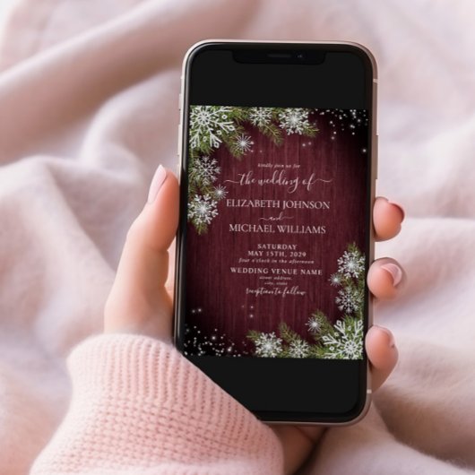 Rustikales Burgundy Silver Winter Wood Foto Weddin Einladung