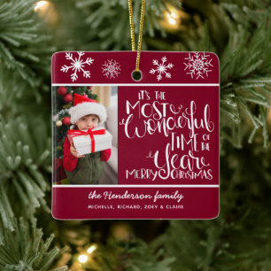 Rustikales Burgundy Snowflake Frohe Weihnachten Keramikornament
