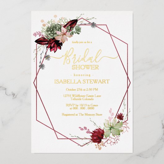 Rustikales Burgundy Watercolor Blume Brautparty Folieneinladung (Vorderseite)