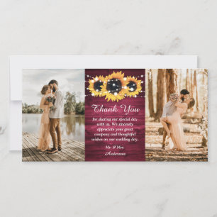 Rustikales Burgundy Wood Burlap Herz Sonnenblumen  Dankeskarte