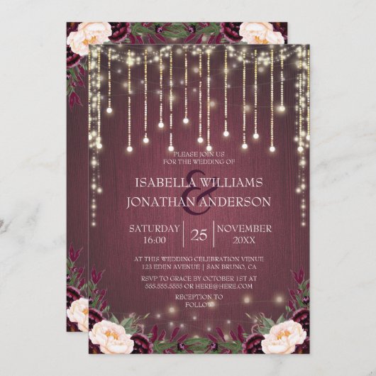 Rustikales Burgundy Wood & String Lights Hochzeit Einladung (Vorne/Hinten)